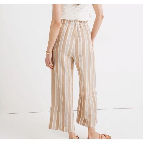MADEWELL Pants Womens Medium Tan Striped Linen Viscose Crop Drawstring AJ393 - Picture 2 of 11
